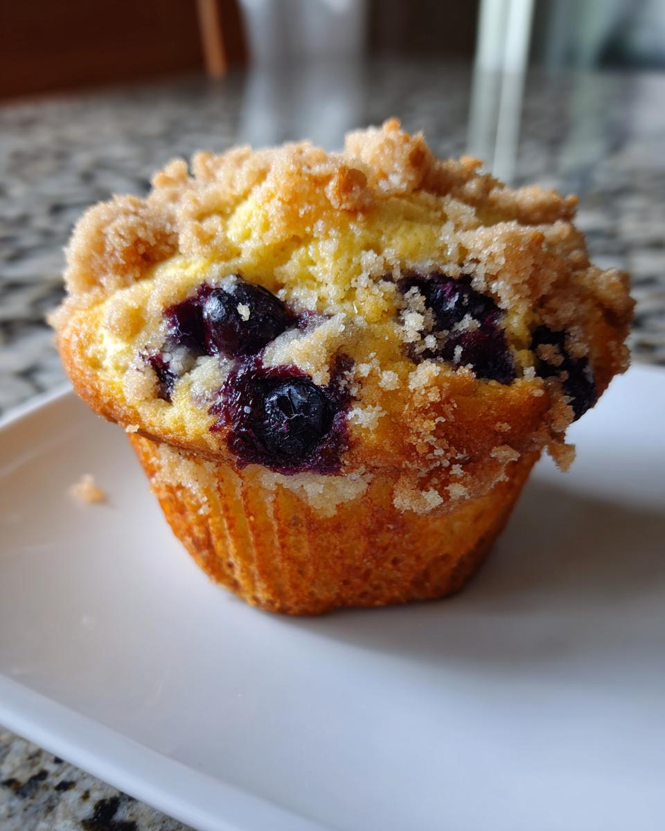Close-up of a golden-brown blueberry muffin topped with sweet streusel crumbs, featuring visible blueberries.