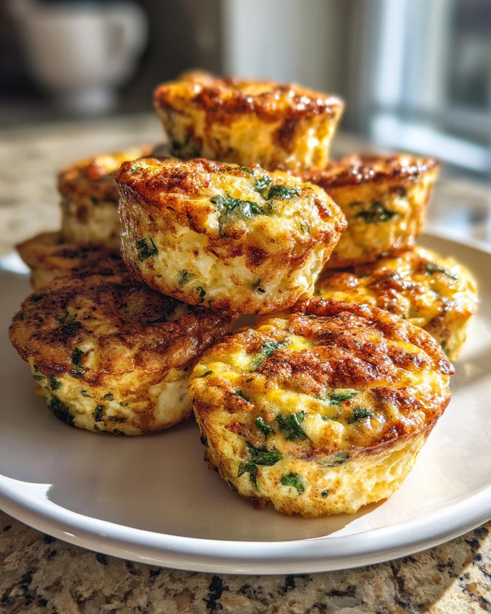 A stack of golden brown, fluffy egg bites speckled with green herbs, ready to eat.
