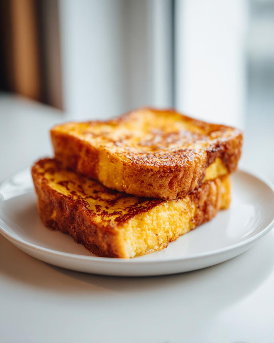 Two thick slices of golden brown easy french toast stacked on a white plate.