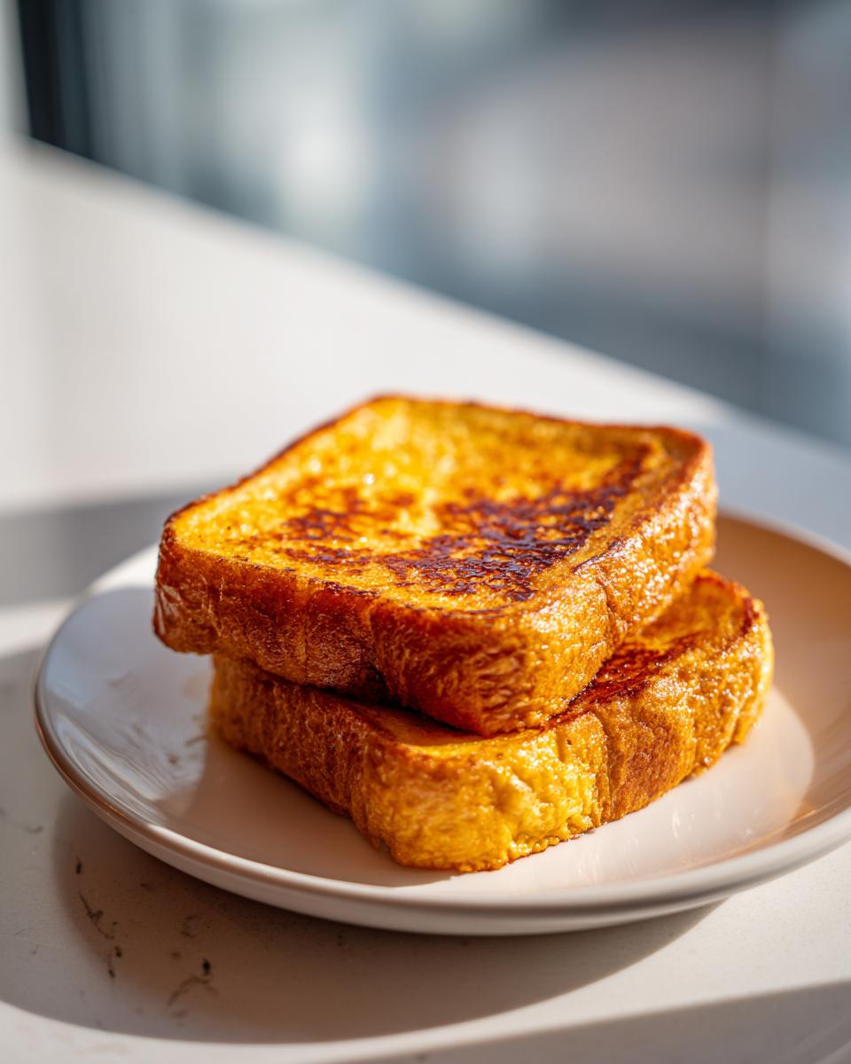 Two perfectly golden slices of easy french toast stacked on a small white plate.