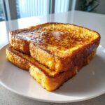 Two thick slices of golden brown easy french toast stacked on a white plate, glistening with syrup.