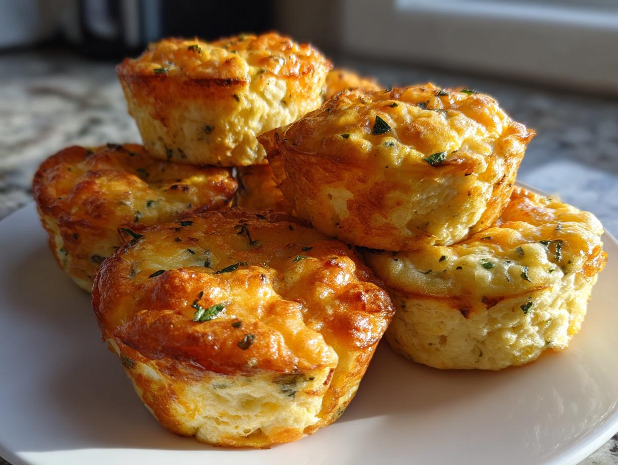 A stack of golden brown, fluffy egg bites sprinkled with herbs, ready to eat.