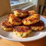A stack of perfectly golden brown, pan-fried mashed potato cakes flecked with green herbs on a white plate.