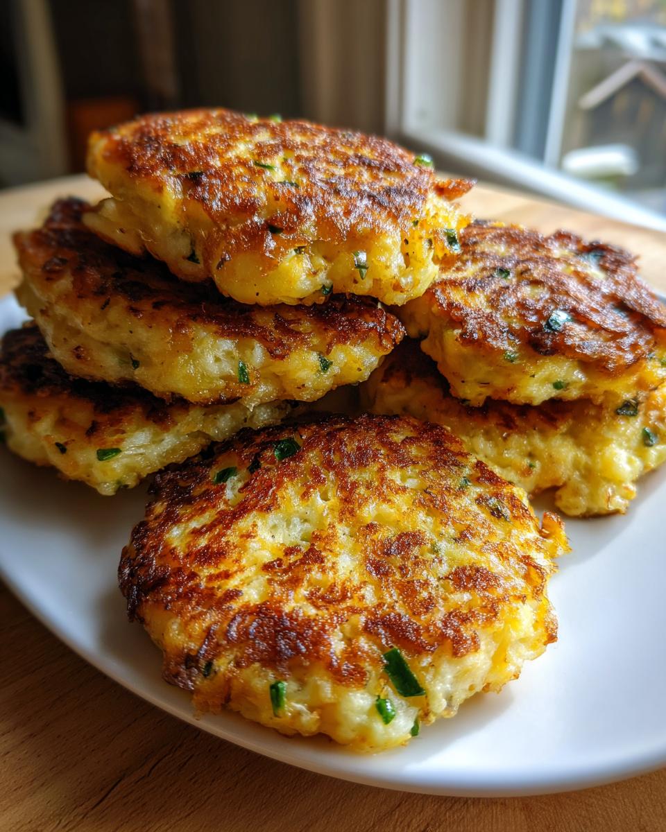 A stack of freshly pan-fried, golden brown mashed potato cakes speckled with green chives, served on a white plate.