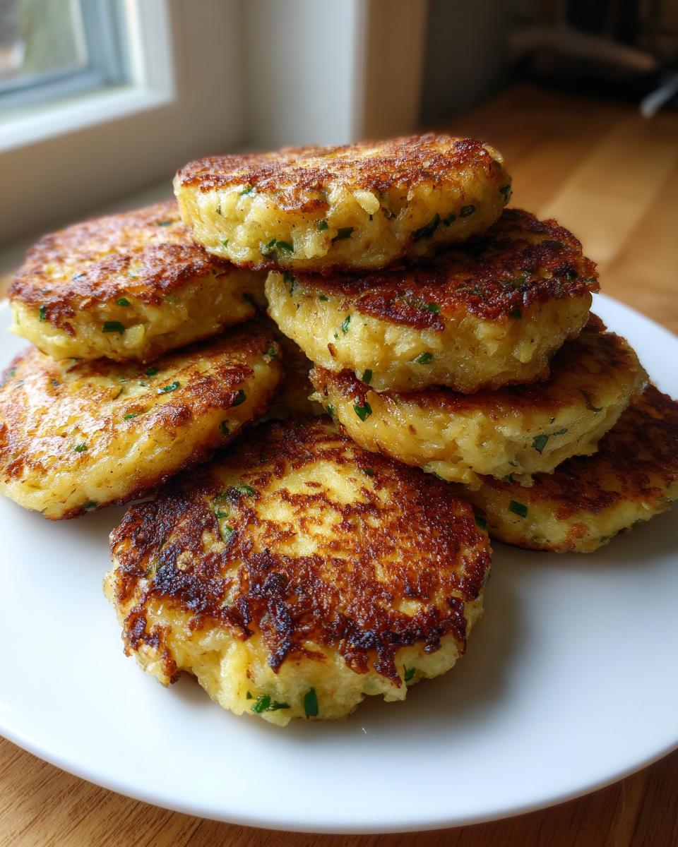 A stack of perfectly pan-fried, golden brown mashed potato cakes flecked with green herbs on a white plate.