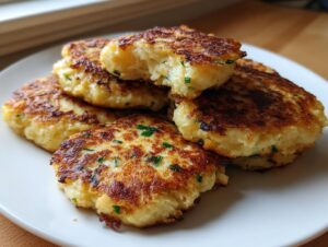 A stack of perfectly pan-fried, golden brown mashed potato cakes flecked with green herbs.