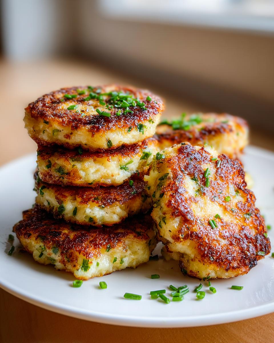 A stack of five golden brown, pan-fried mashed potato cakes garnished with fresh chopped chives.