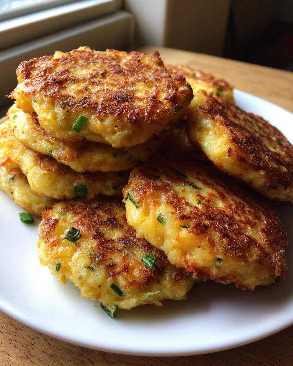A stack of perfectly pan-fried, golden brown mashed potato cakes garnished with green chives.