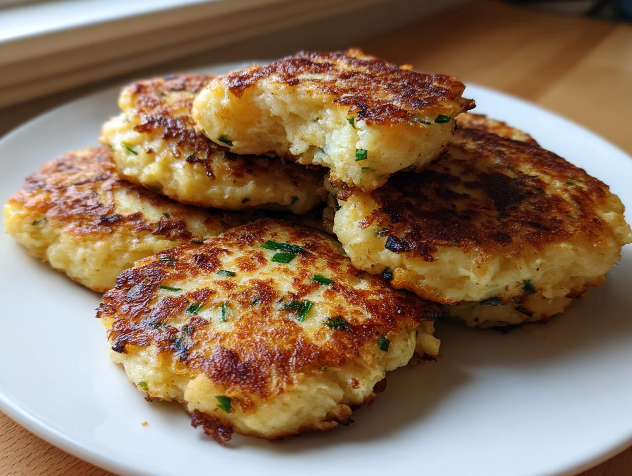 A stack of perfectly pan-fried, golden brown mashed potato cakes flecked with green herbs.