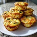 A stack of six golden brown, fluffy egg bites with visible green herbs served on a white plate.