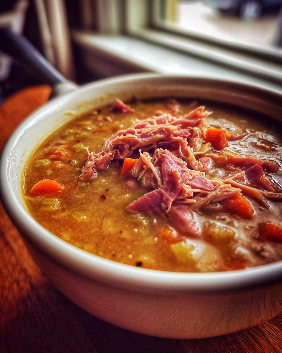 Close-up of a steaming bowl of Ham and Bean Soup topped with shredded ham, carrots, and celery.