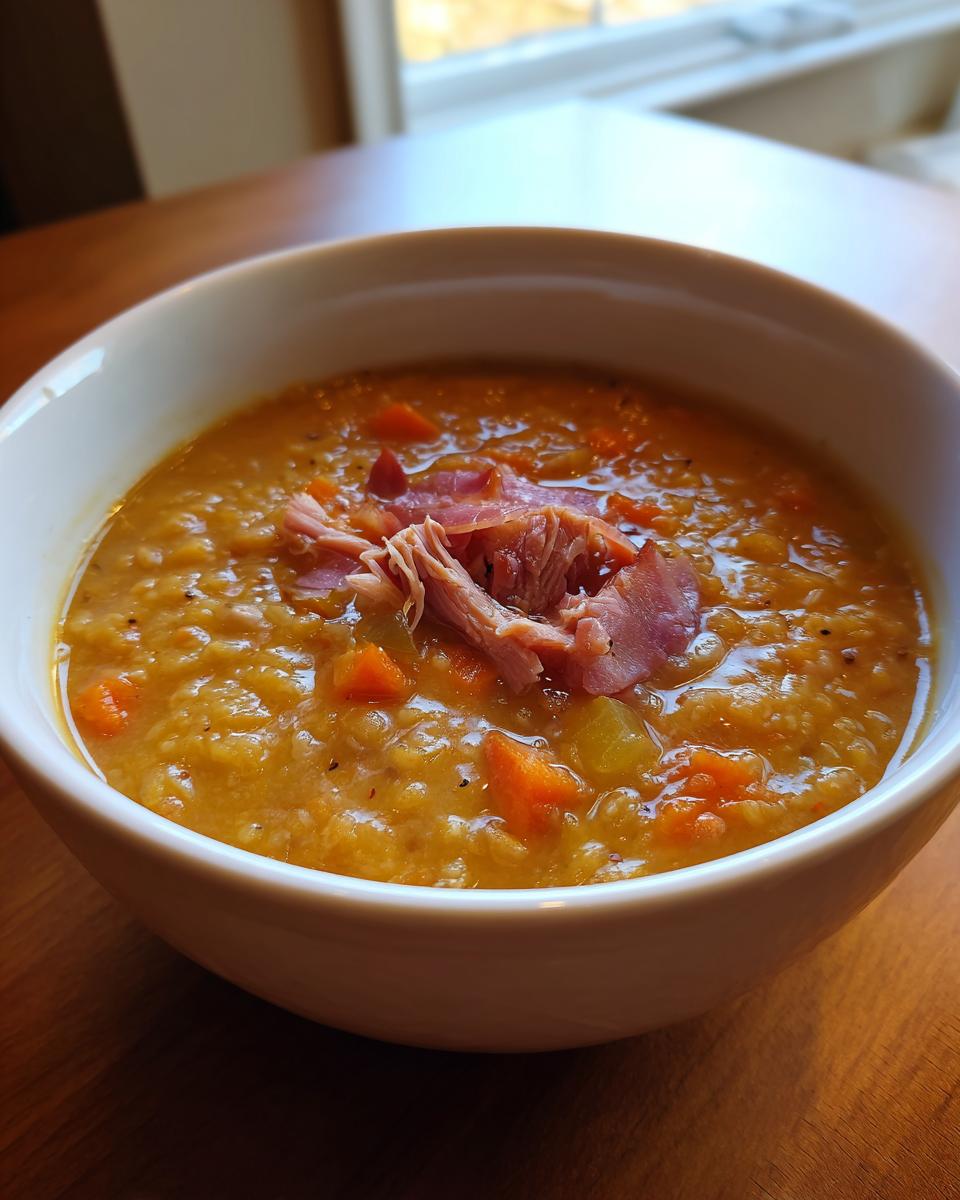 Close-up of a white bowl filled with thick, orange Ham and bean soup, topped with shredded ham.