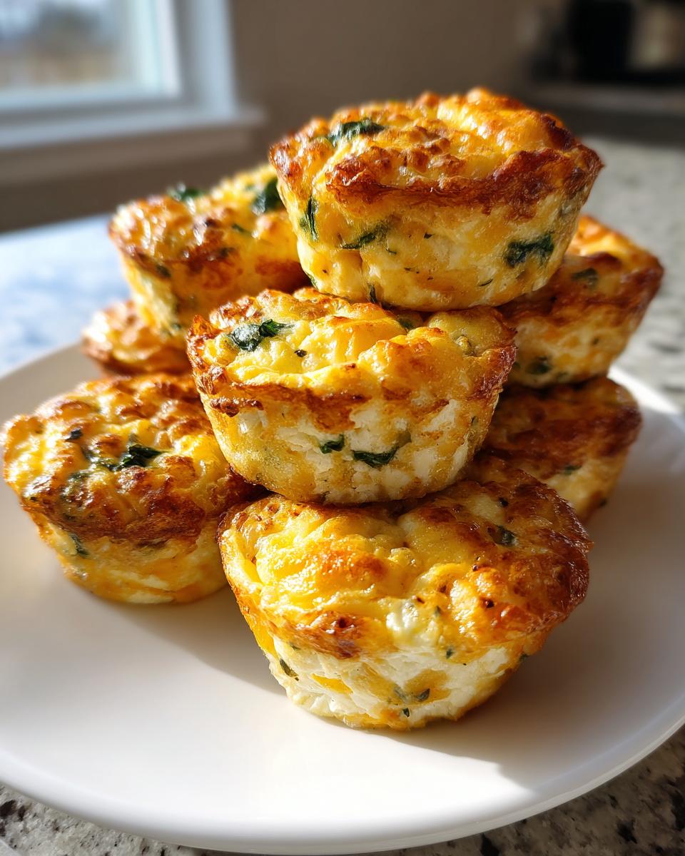 A stack of golden brown, baked egg bites with visible green herbs, perfect for a high-protein breakfast.