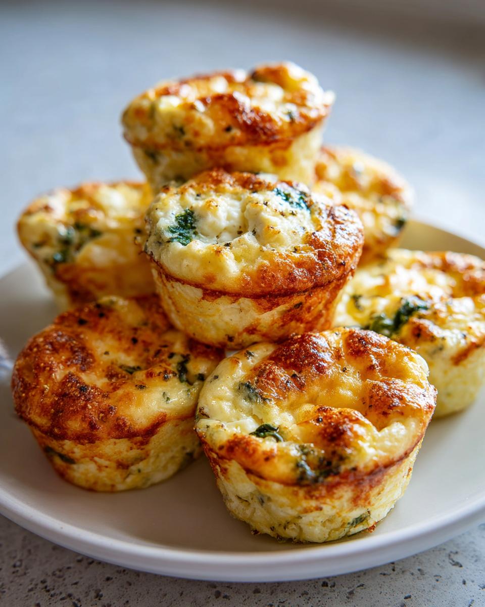 A stack of golden brown, baked egg bites with visible spinach and cheese, ready to eat.