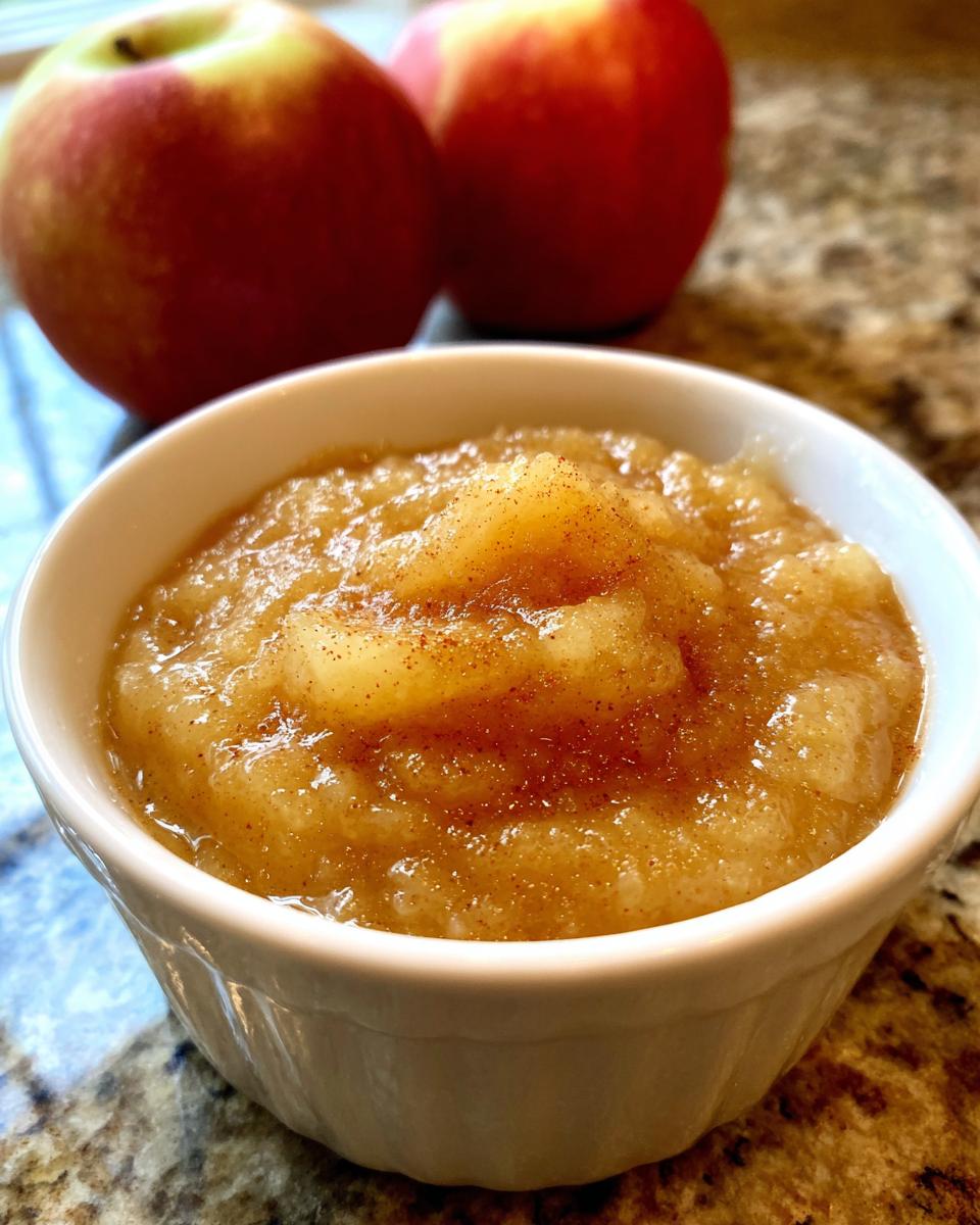 Close-up of homemade applesauce sprinkled with cinnamon in a white bowl, with fresh apples in the background.