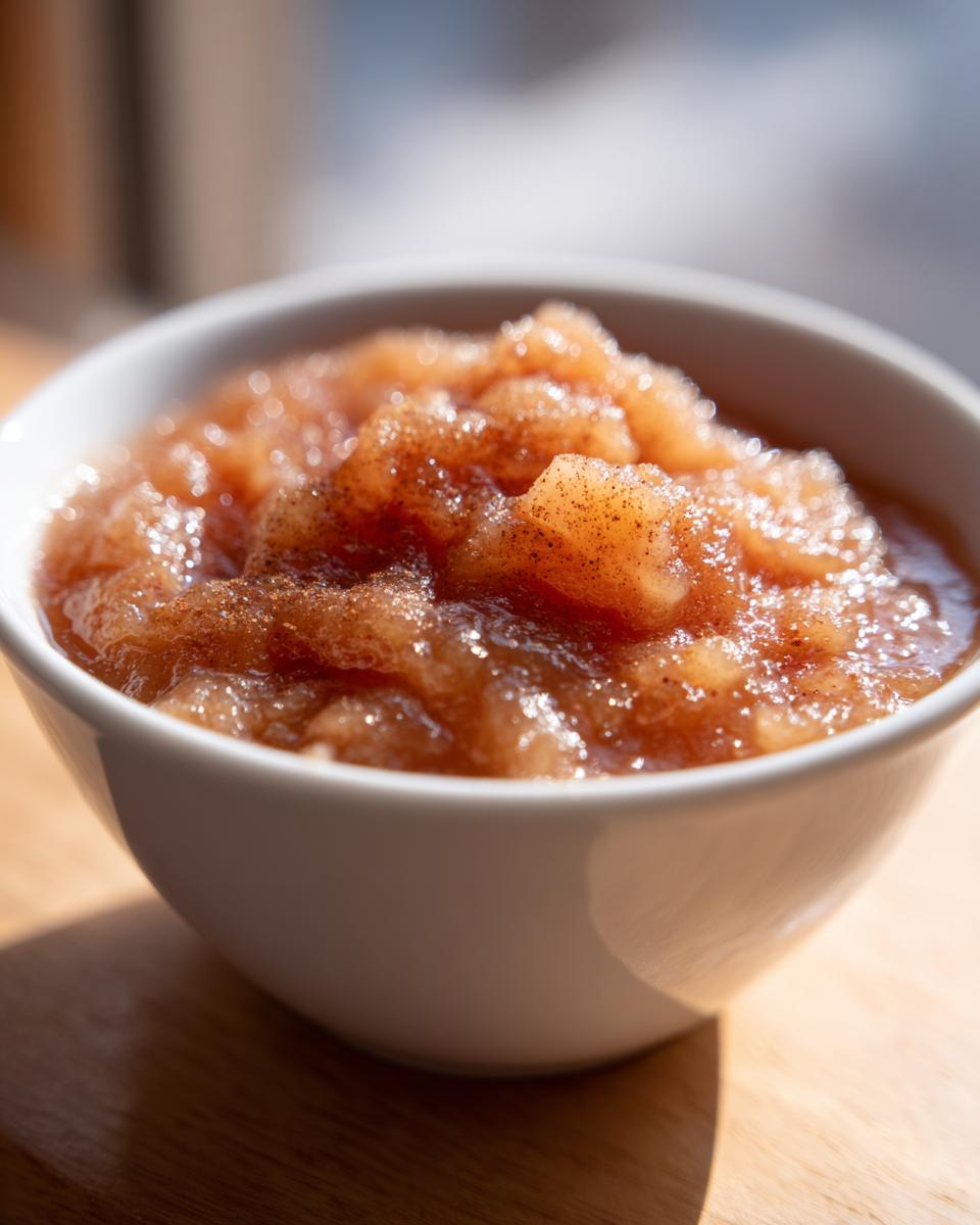 Close-up of chunky homemade applesauce sprinkled with cinnamon, served in a small white bowl.