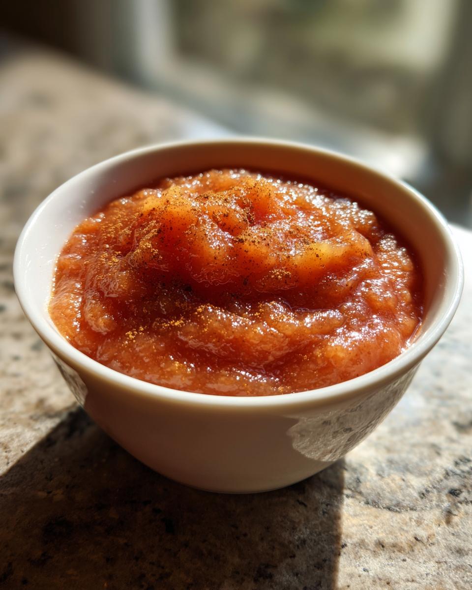Close-up of a white bowl filled with chunky, homemade applesauce topped with a sprinkle of cinnamon.