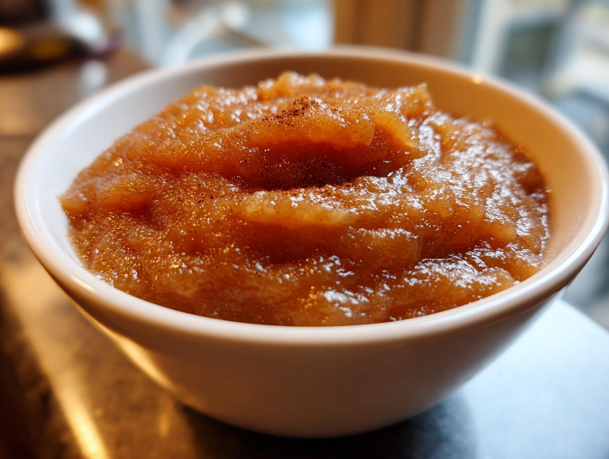 Close-up of rich, brown homemade applesauce sprinkled with cinnamon served in a white bowl.