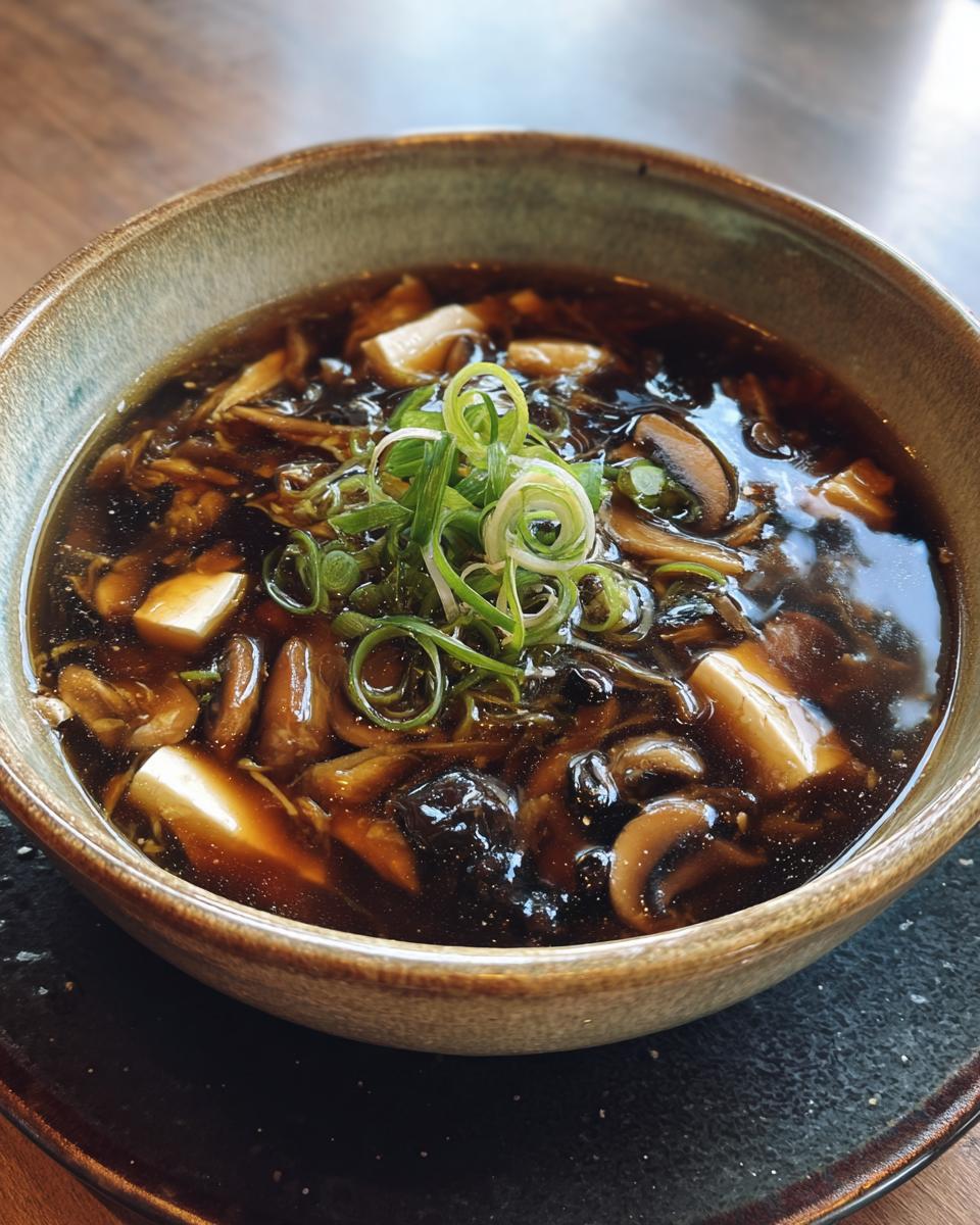 A close-up of a bowl filled with rich, dark hot and sour soup recipe, featuring tofu, mushrooms, and garnished with green onions.