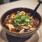 A close-up of a dark bowl filled with rich, dark broth of hot and sour soup recipe, topped with tofu, mushrooms, and green onions.