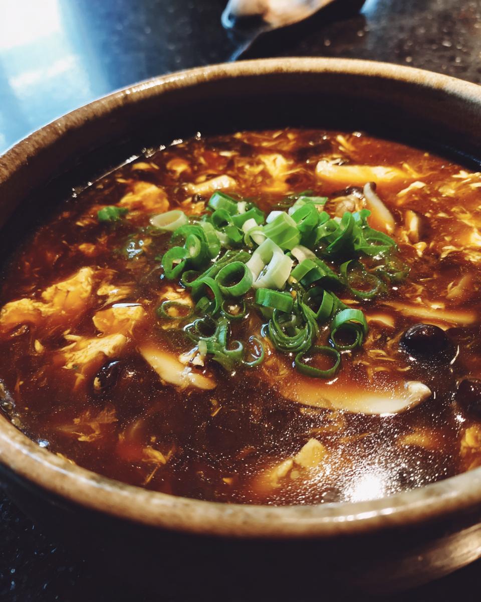 A close-up view of a steaming bowl of rich, dark hot and sour soup recipe, garnished with fresh green scallions.