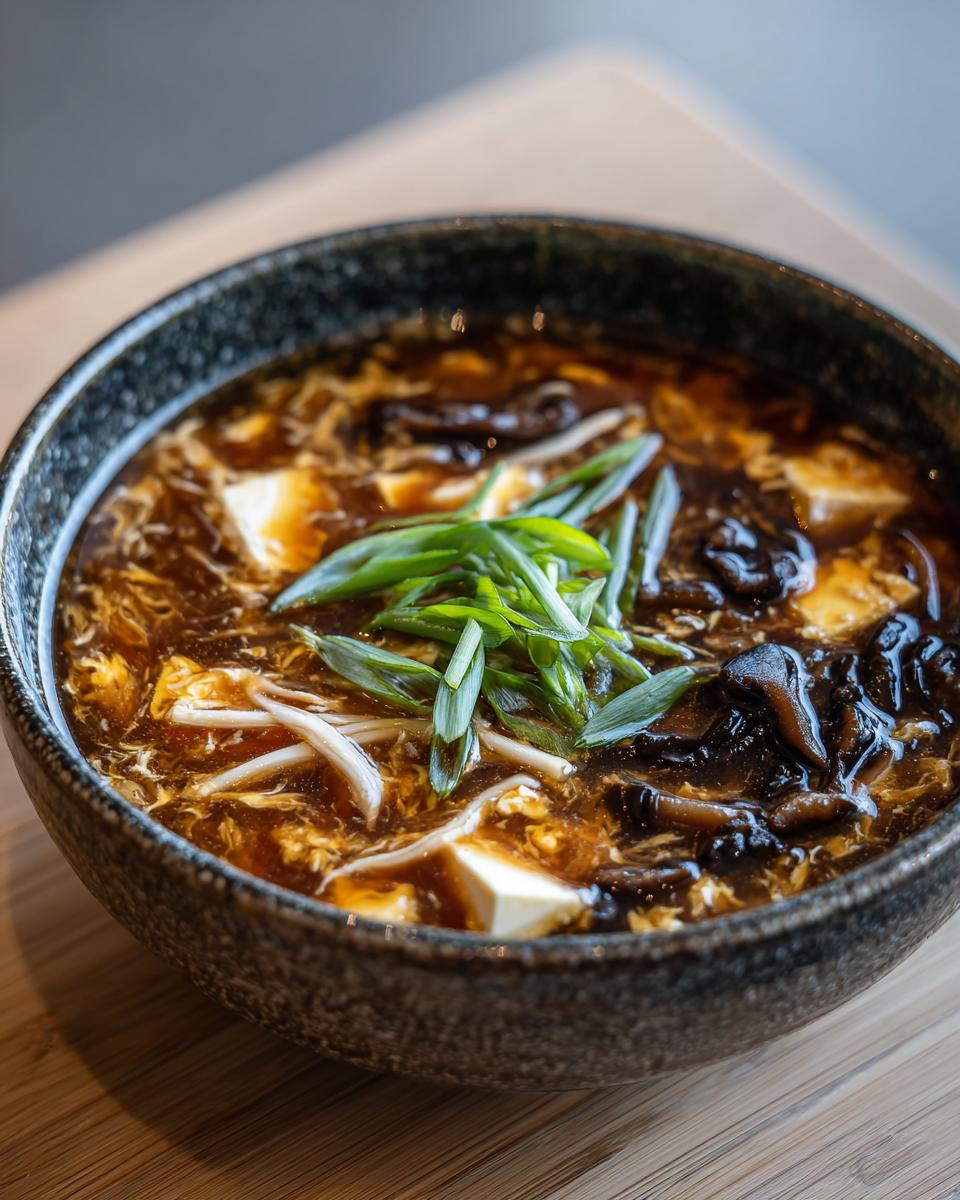 Close-up of a dark bowl filled with rich, savory hot and sour soup recipe, topped with tofu, mushrooms, and green onions.