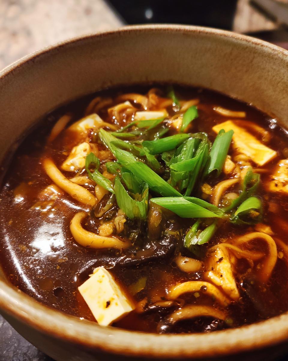 Close-up of a steaming bowl of dark, rich hot and sour soup recipe featuring noodles, tofu cubes, and fresh green scallions.