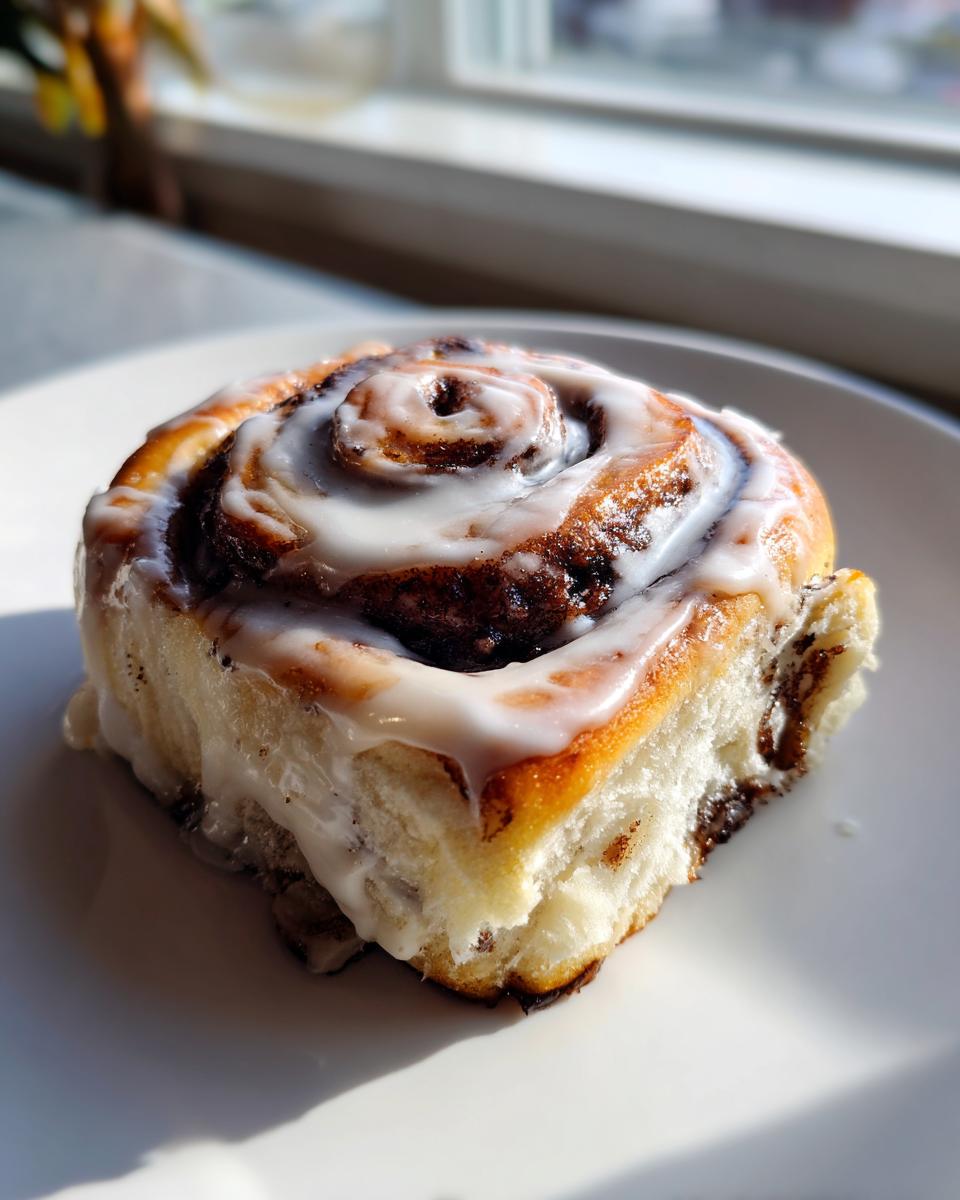 A single, freshly baked cinnamon roll covered in thick white icing, sitting on a white plate.