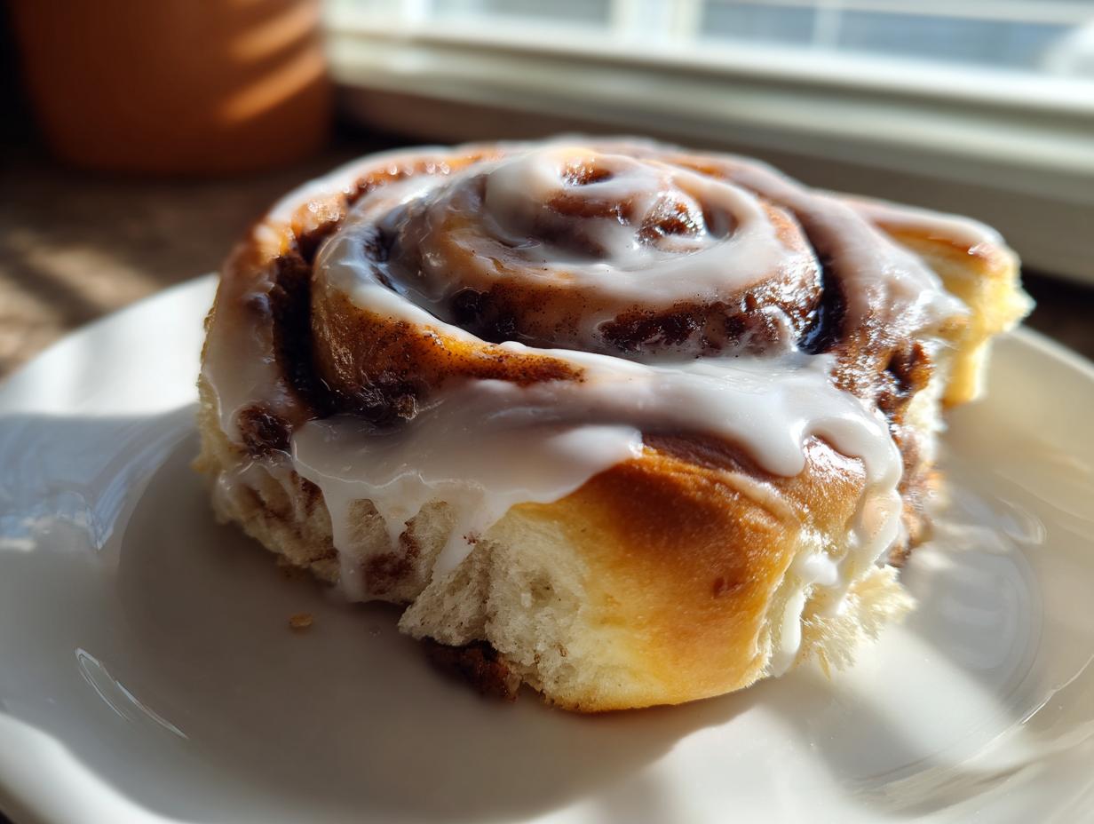A single, freshly baked cinnamon roll topped with thick white icing, sitting on a white plate in natural sunlight.