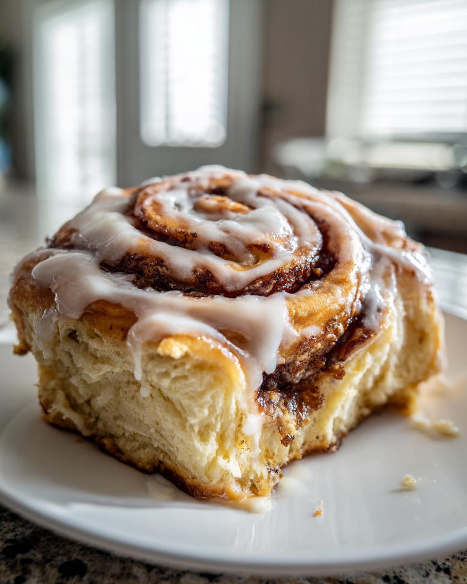 A close-up of a fluffy, freshly baked cinnamon roll topped with thick white icing, sitting on a white plate.