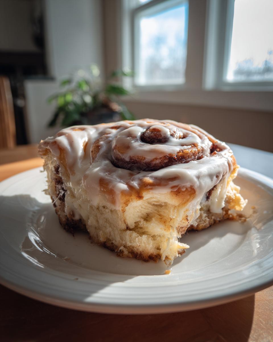 A close-up shot of a fluffy, iced cinnamon roll sitting on a white plate, highlighted by bright sunlight from a window.