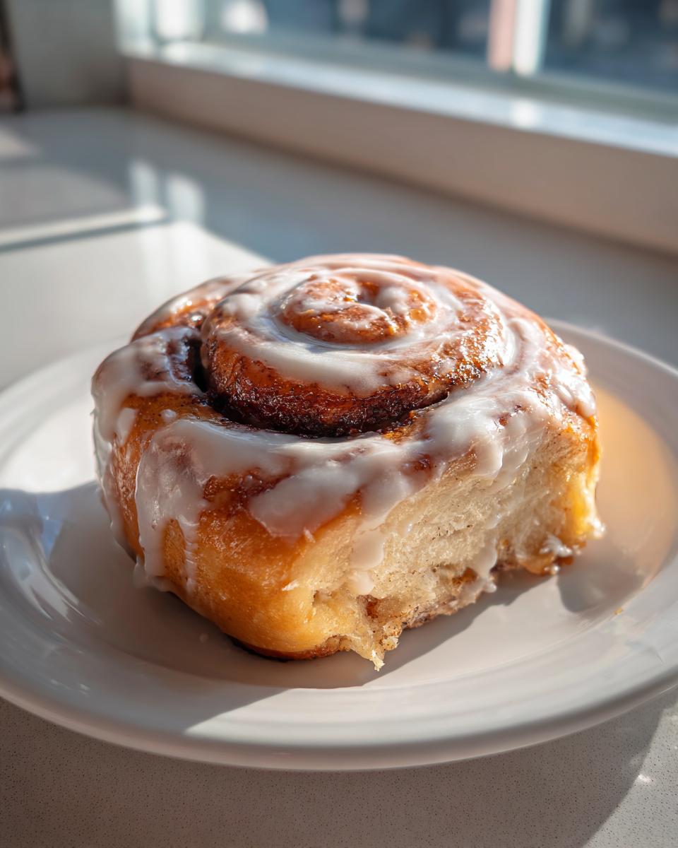 A single, freshly baked cinnamon roll covered in white icing sits on a white plate near a sunlit window.