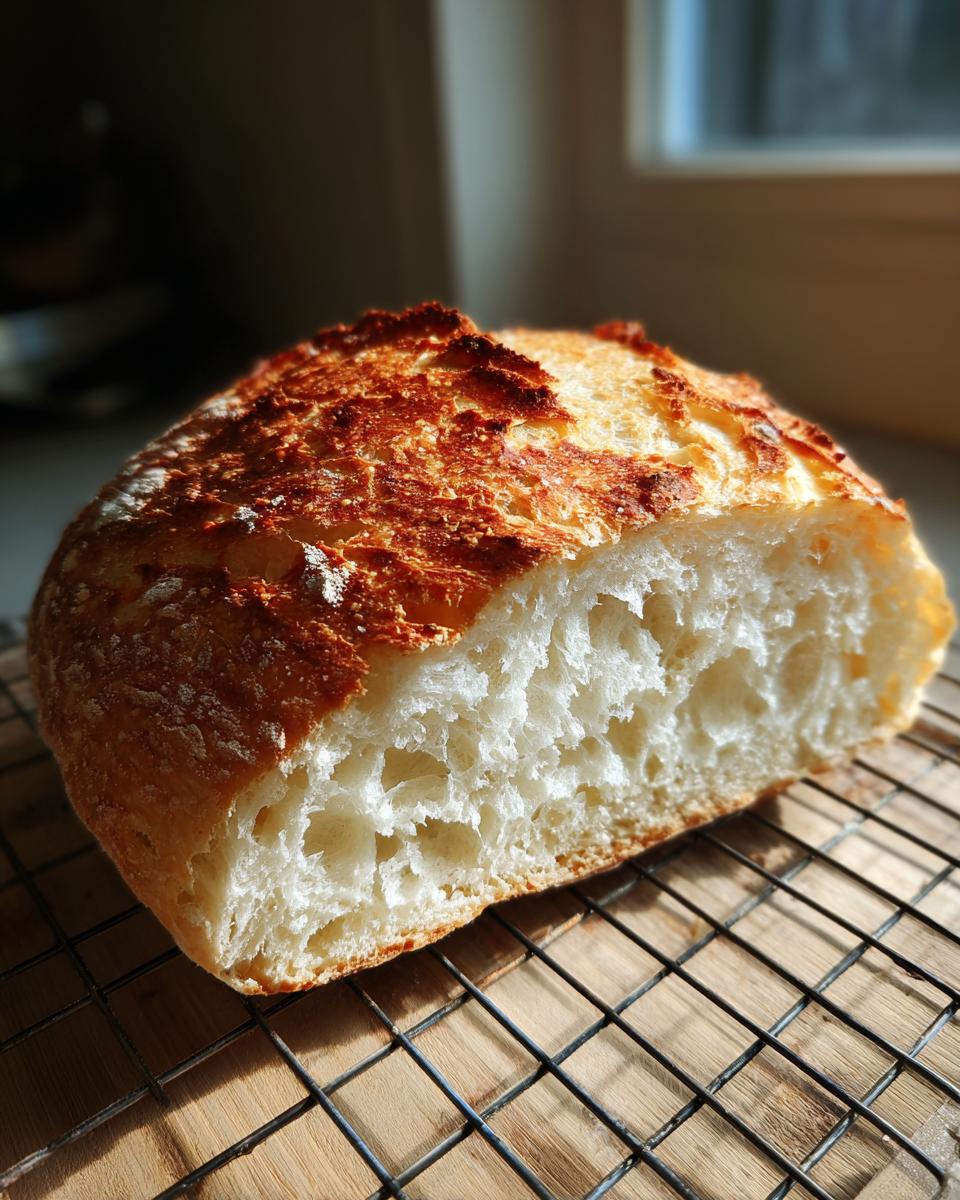 Close-up of a freshly baked Italian bread loaf, sliced open to show the airy, white crumb and golden-brown crust.