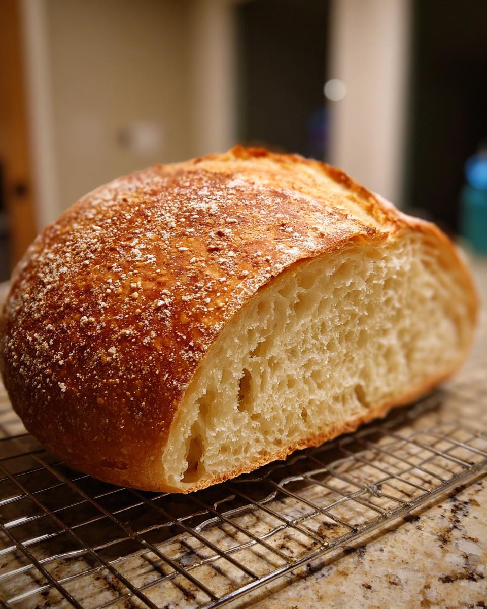 A freshly baked loaf of Italian bread, cut to show the airy interior, resting on a cooling rack.