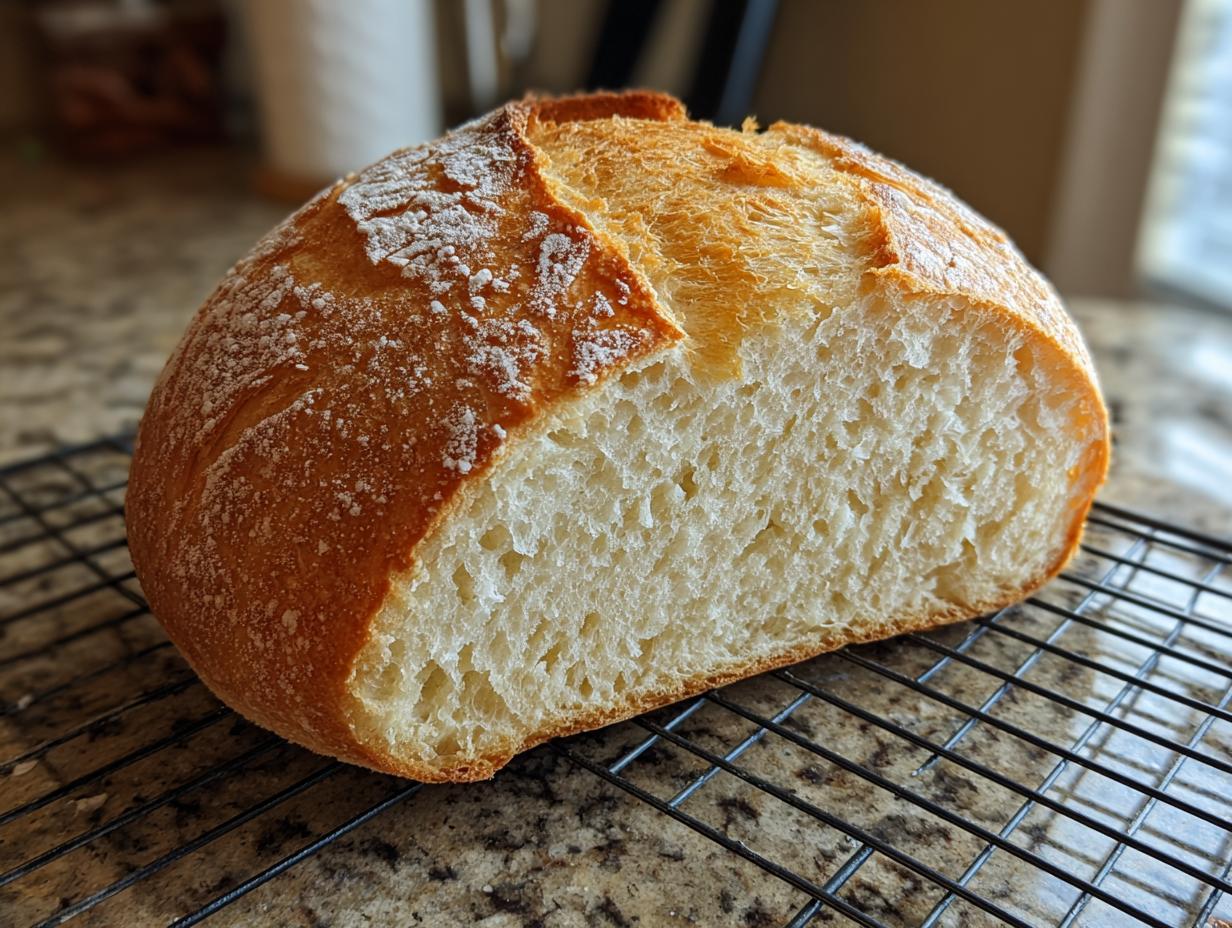 A freshly baked loaf of Italian bread, cut in half to show the fluffy interior and golden crust.