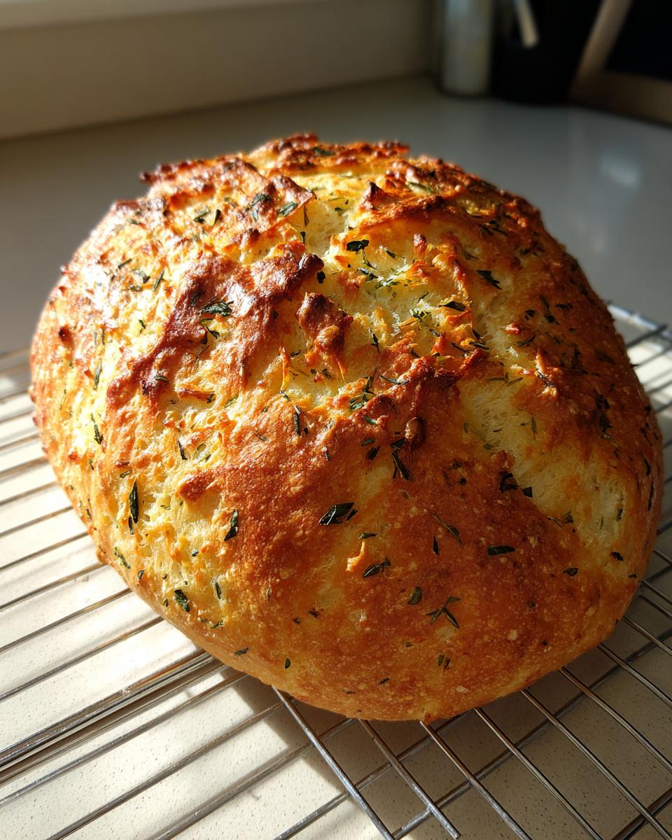 A freshly baked, golden-brown loaf of Italian herb and cheese bread resting on a wire cooling rack.