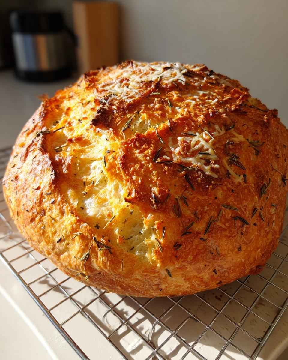A freshly baked, golden-brown Italian herb and cheese bread loaf resting on a wire cooling rack.
