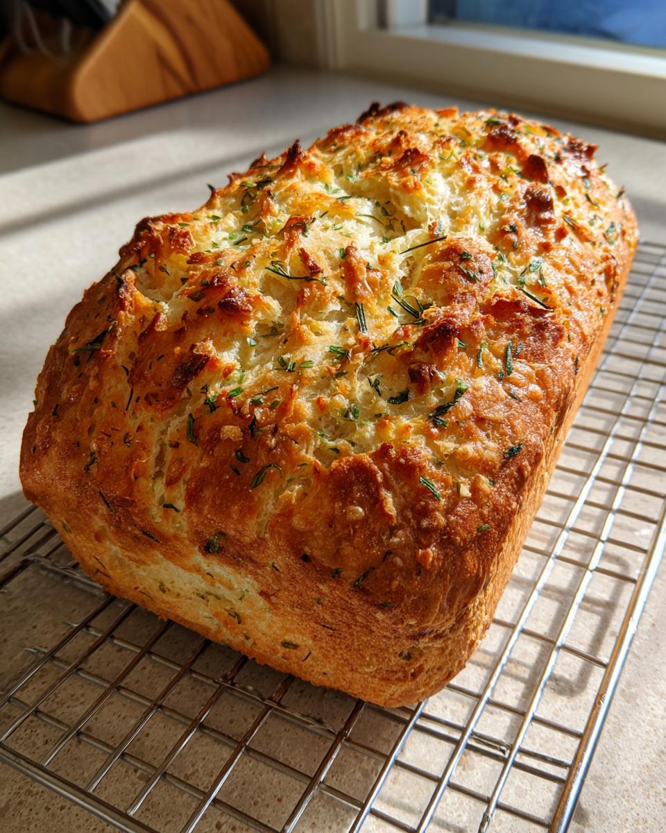 A golden brown loaf of Italian herb and cheese bread cooling on a wire rack, topped with melted cheese and green herbs.