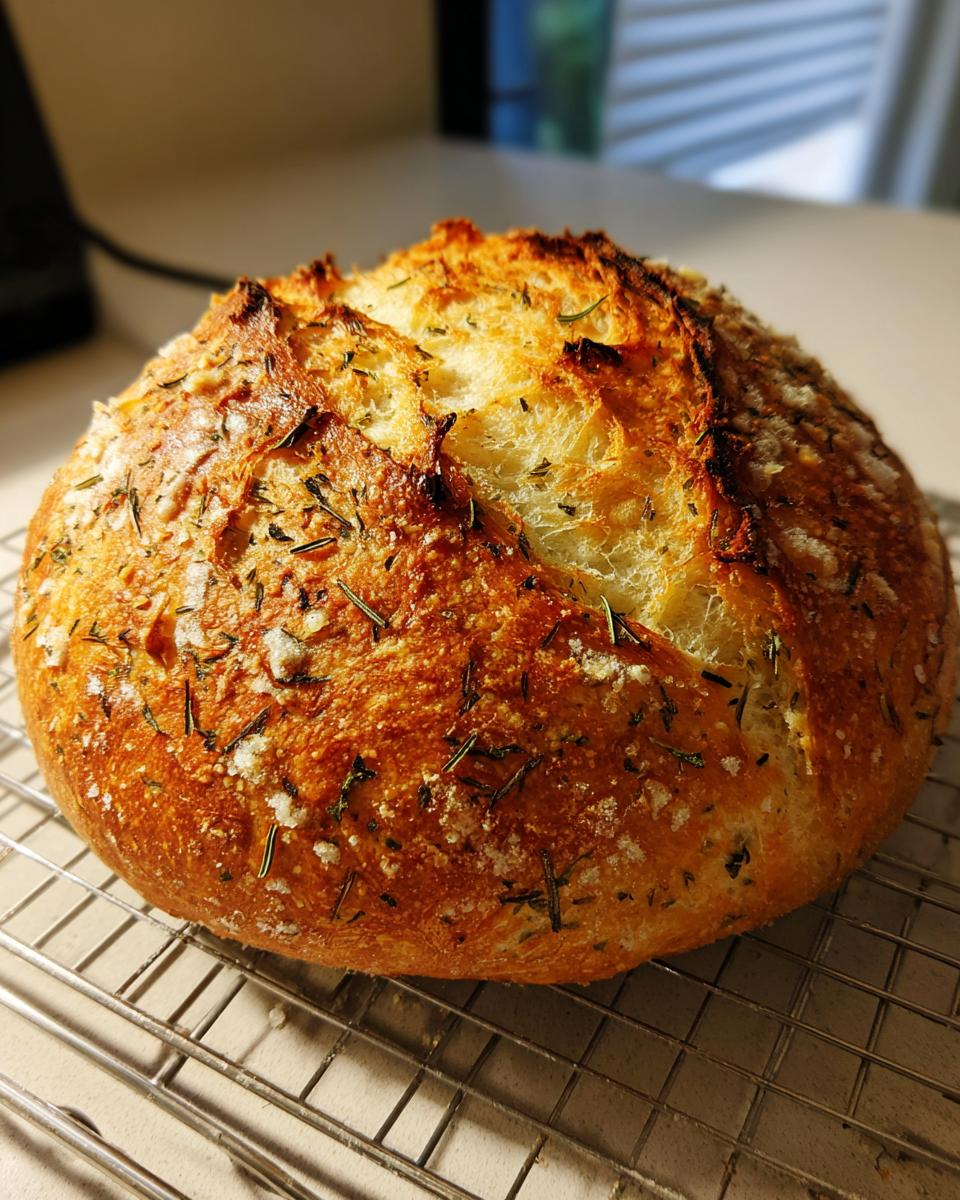 A freshly baked, round loaf of Italian herb and cheese bread with a golden crust, cooling on a wire rack.