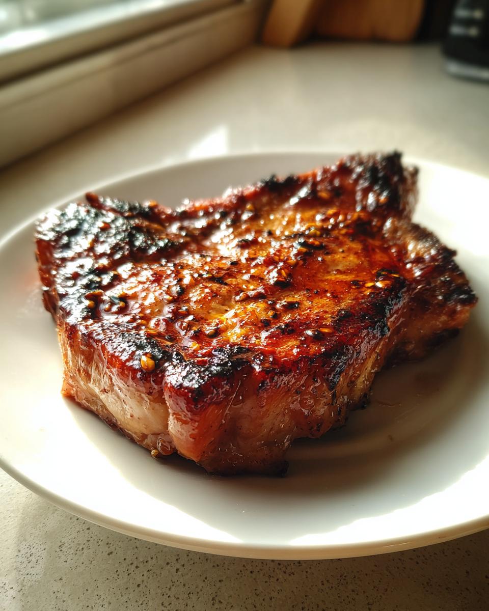 A perfectly seared and glazed pork steak resting on a white plate, showing a rich, caramelized crust.