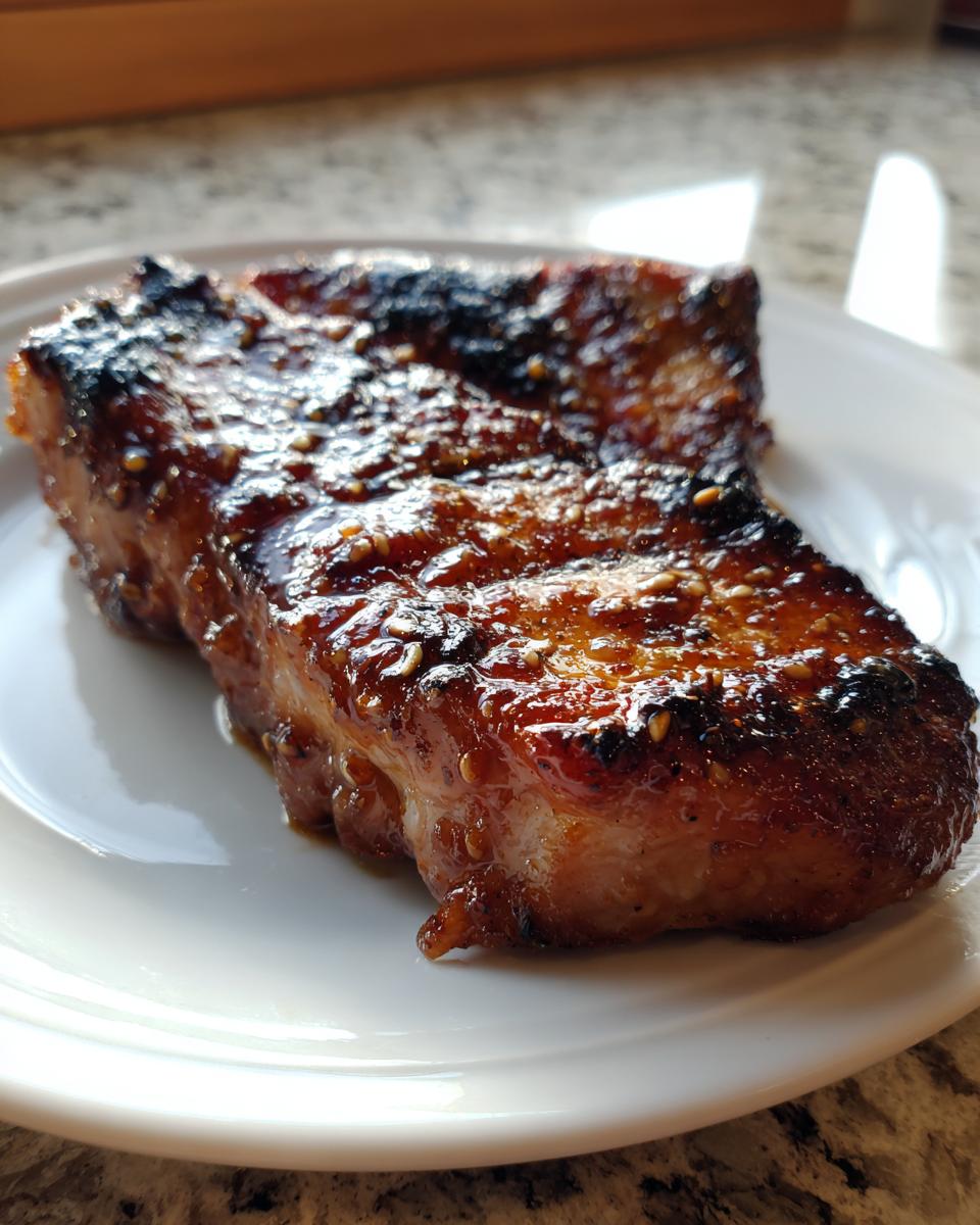 Close-up of a perfectly cooked, glazed pork steak recipe piece, topped with sesame seeds, resting on a white plate.