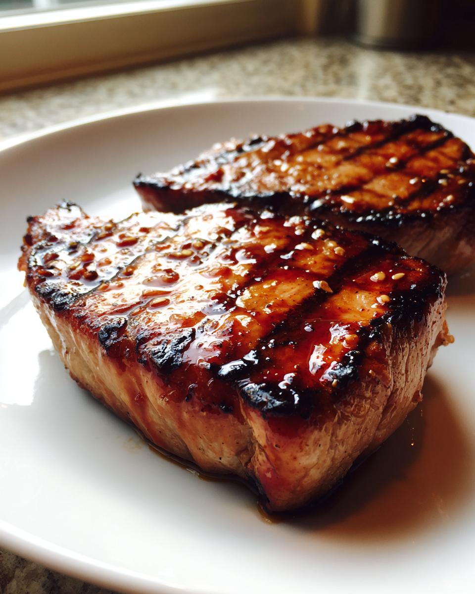 Two thick, juicy pork steak cuts with dark grill marks and a glossy glaze topped with sesame seeds.