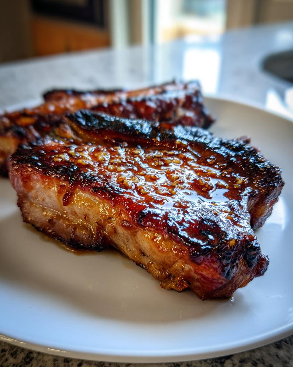 Close-up of a perfectly cooked, glazed pork steak with a rich, caramelized crust, ready to eat.