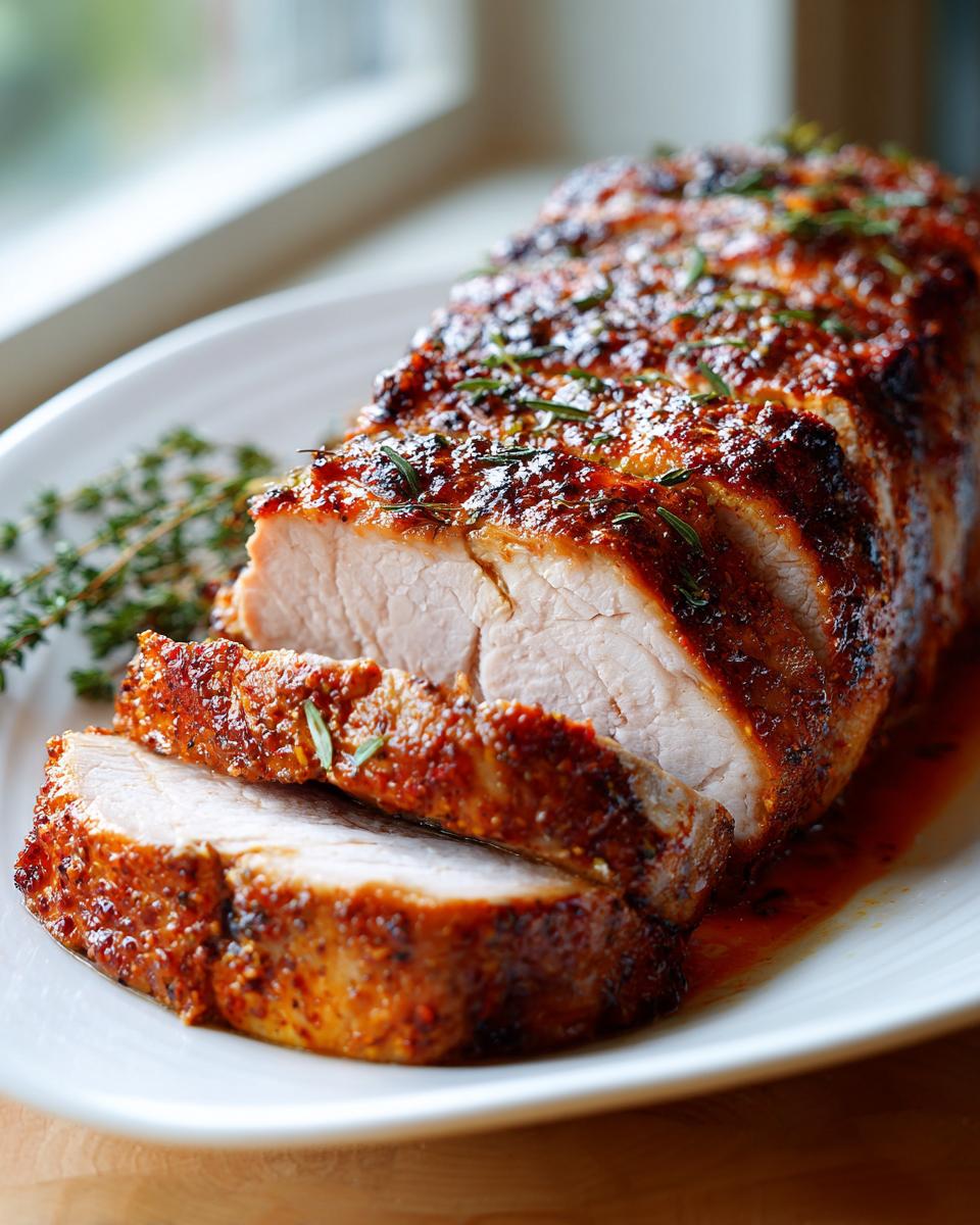 Close-up of a sliced, juicy pork loin roast with a caramelized, herb-crusted exterior on a white platter.
