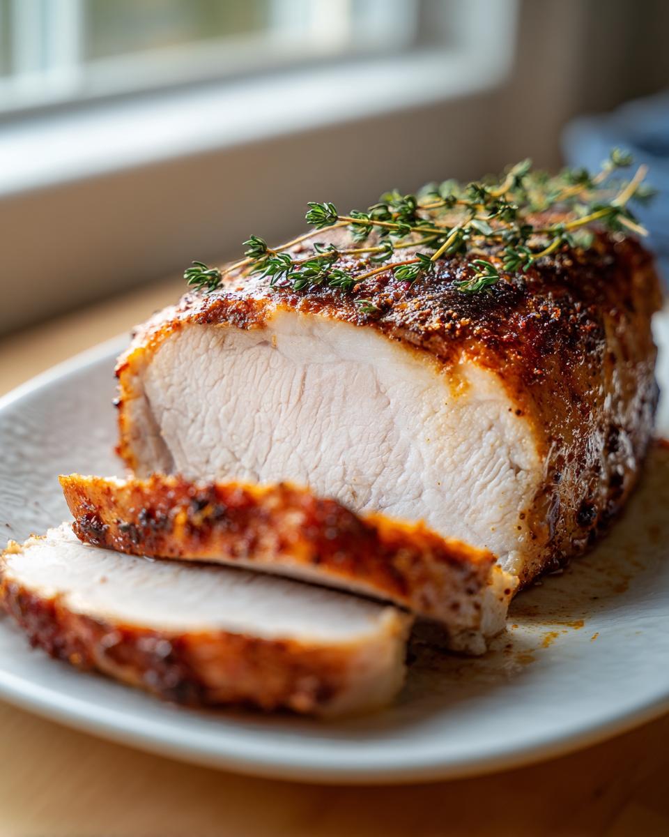 Close-up of a perfectly cooked, juicy pork loin roast, sliced and garnished with fresh thyme sprigs.