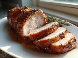 A beautifully seared and sliced pork loin roast resting on a white plate with pan juices and fresh thyme.