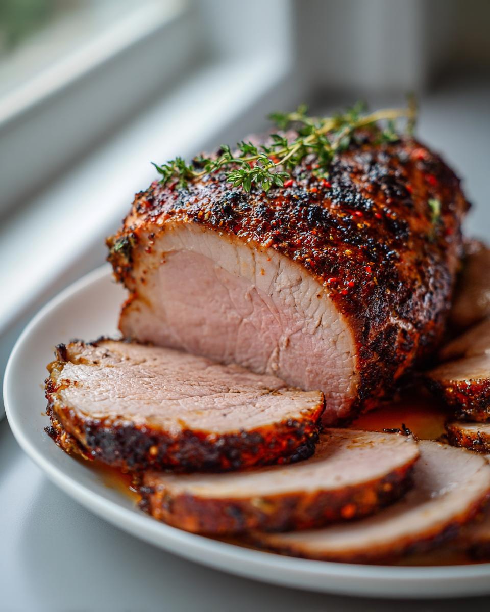 A beautifully seasoned and sliced pork loin roast resting on a white plate, garnished with fresh thyme.