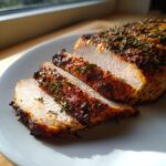 Close-up of a juicy pork loin roast, sliced to show the white interior and heavily seasoned, herb-crusted exterior.