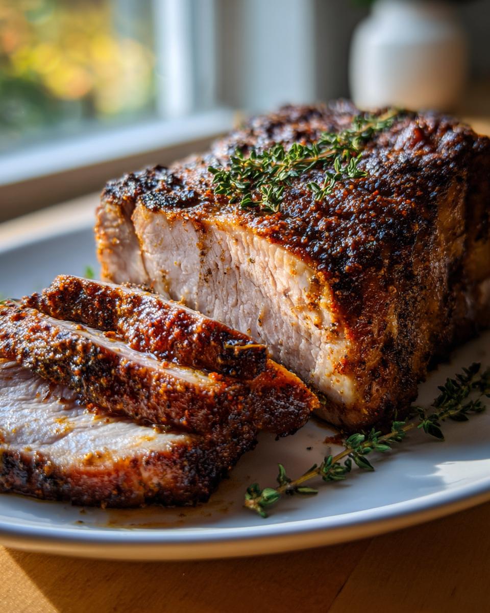 Close-up of a perfectly cooked and sliced pork loin roast with a dark, seasoned crust, garnished with fresh thyme.