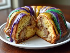 A sliced King Cake showing the cinnamon swirl filling and vibrant purple, green, and gold icing.